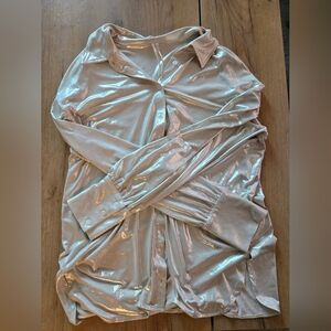 Anthropologie Metallic Shine Long-Sleeve Shirt Silver Button Down Blouse Small